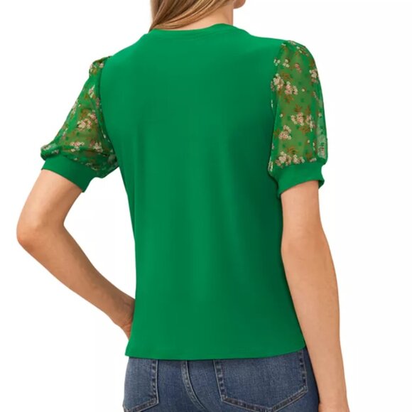 CeCe Green Mixed Media Green Top with Sheer Flower Sleeves - Picture 3 of 7
